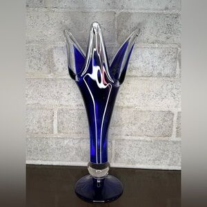 Vintage Cobalt Blue Art Glass Swung Vase Murano Style Tall Sculptural
